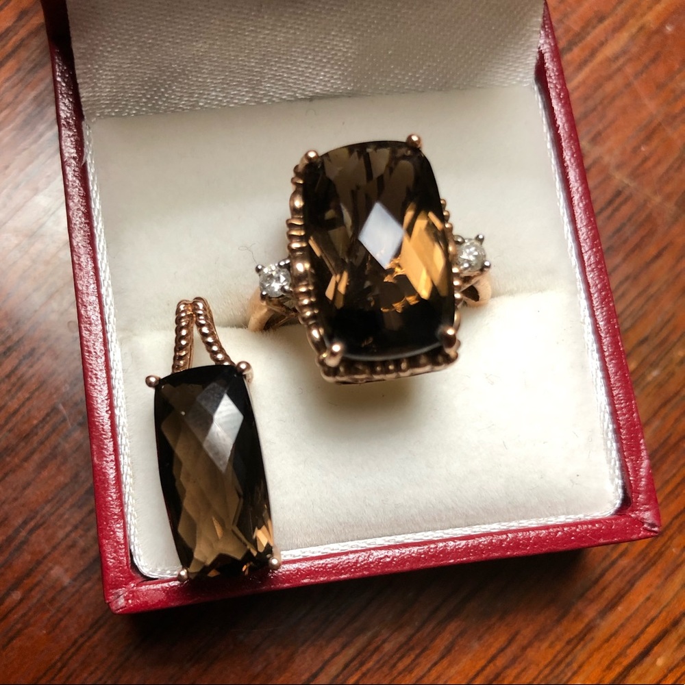 Ring&Pendant rose gold set SmokyTopaz & diamonds